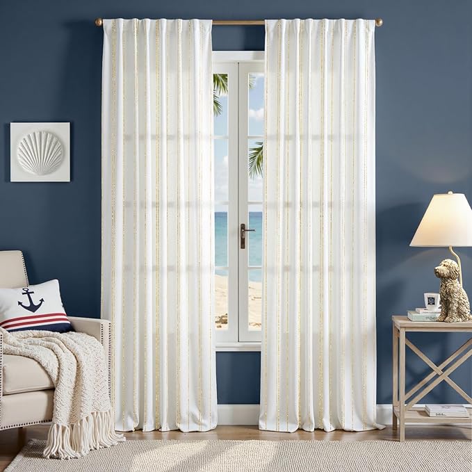 jinchan Golden Foil and White Striped Curtains 96 Inch Length for Living Room Bedroom Golden Foil Striped on White Curtains Light Filtering Drapes Rod Pocket Modern Window Treatments Set 2 Panels