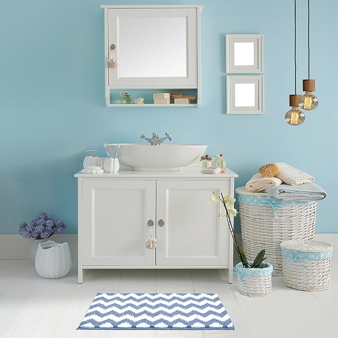 CozeCube Chenille Bathroom Rugs 36" x 24", Soft Microfiber Chevron Bath Mats for Bathroom, Non Slip Shaggy Bath Rugs Machine-Washable, Plush Absorbent Shower Mat, Blue