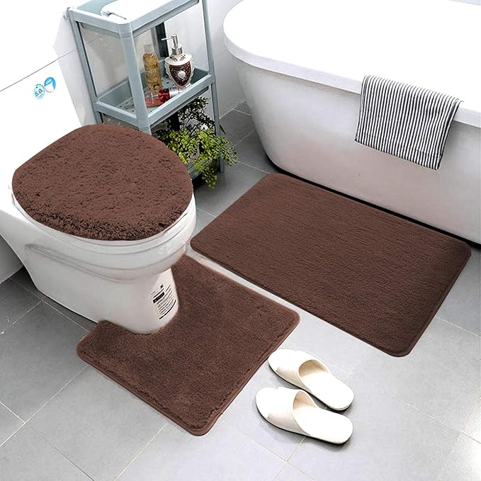 Smart Linen 3 Piece Bathroom Rug Set Includes Bath Rug, Contour Mat and Toilet Lid Cover, Machine Washable, Super Soft Microfiber & Non Slip Bath Rugs with Rubber Backing Solid (Brown/Chocolate)