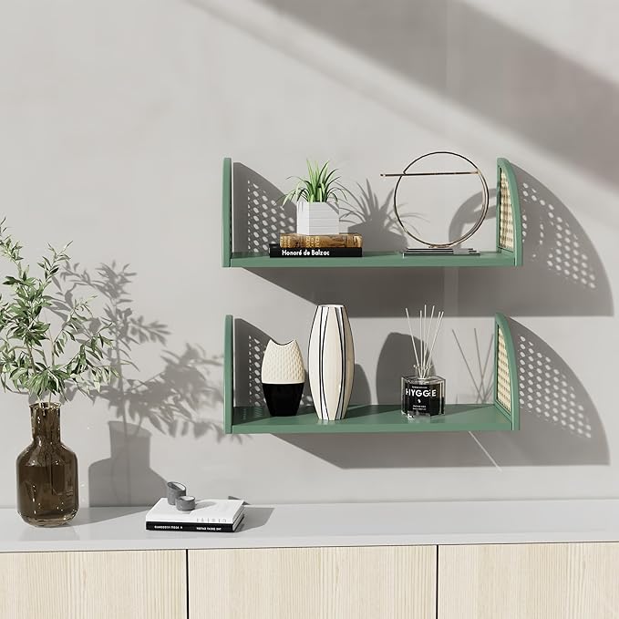 Rattan Wall Shelf 16 inch Floating Shelves Rustic Wood Wall Mounted Storage Shelves for Living Room Bathroom Kitchen Boho Wall Decor,Green