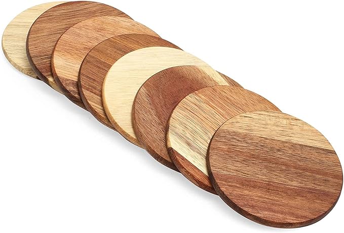 8 Pack Round Acacia Wood Coasters for Coffee Table - Wooden Coasters for Drinks, Dining Table, Bar (4 in)