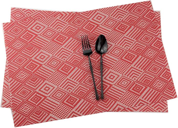 Luxury Placemats Set of 6, Heat-Resistant, Stain Resistant PVC Table Mats (Red Argyle)