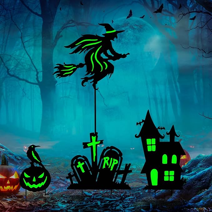 BRIGHTDECK Halloween Outdoor Yard Decorations, Set of 3 Glow in The Dark Witch Broom Fluorescent Waterproof Metal Stakes for Lawn Garden Halloween Decor (Flying Witch Tombstone Pumpkin Haunted House)