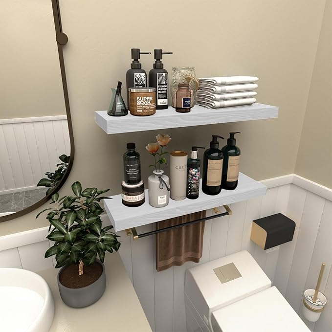 Floating Shelves for Wall- 17 Inch Natural Wood Whtie Shelves for Bathroom, Bedroom, Kitchen Decor, Farmhouse Decor Set of 2