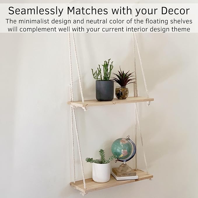 BASE ROOTS Hanging Shelves for Wall, Plants Hanging Shelf, Macrame Wall Hanging, Floating Shelves Boho Rope, Lightweight Rustic Wood, Triangle Floating Shelves Easy Hanging Shelves no Drill Set of 2