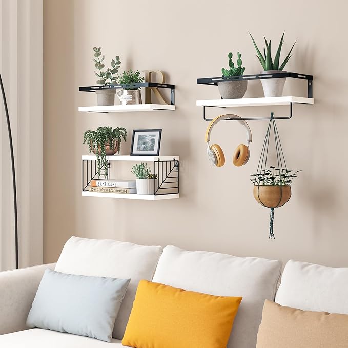 Fixwal Wall Mounted Bathroom Shelves Over Toilet, Rustic Wood Floating Shelves with Metal Frame and Towel Bar for Bathroom, Kitchen, Bedroom, Living Room (White)
