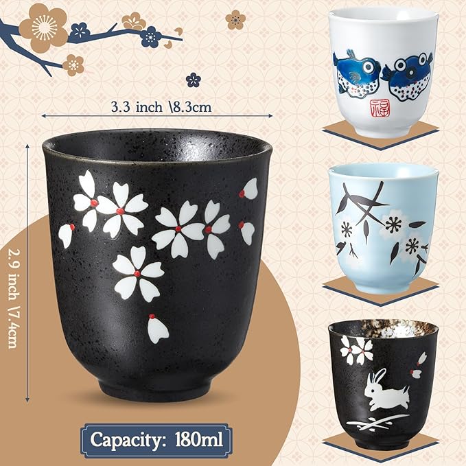 4 Pcs Japanese Tea Cups Handle Less Ceramic Japanese Gifts Chinese Restaurant Teacups Japan Mug Souvenirs for Matcha Bancha Green Tea(6 oz,Puffer Fish)
