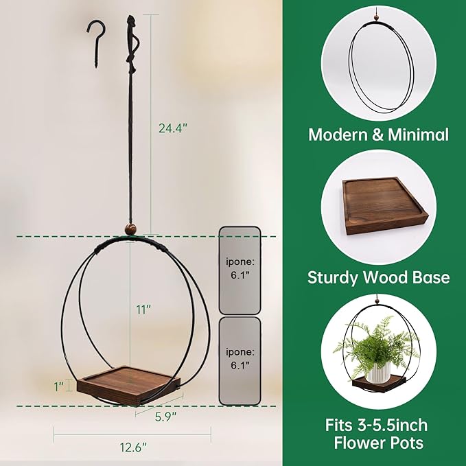 Hanging Planter for Indoor Plants, Black Plant Hanger Indoor with Sturdy Wood Base, Modern Boho Macrame Plant Hanger, Hanging Wall Ceiling Window Home Decor (Plants/Pots Not Included)