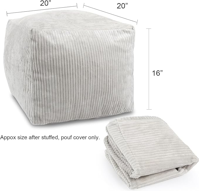 Sexysamba Square Corduroy Pouf Cover Only, 20"x 16" Unstuffed Decorative Ottoman Foot Stool Rest, Washable Storage Bean Bag Chair Floor Pouf Covers for Living Room Bedroom, Grey
