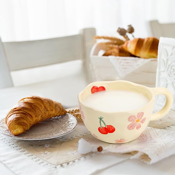 Yopay 2 Pack Ceramic Coffee Mug, 8oz Handmade Hot Chocolate Mugs, Cute Cup for Girl Microwave Safe, Aesthetic Tea Milk Cup with Handle for Latte, Cocoa, Gift, Mom(Cherry flower)