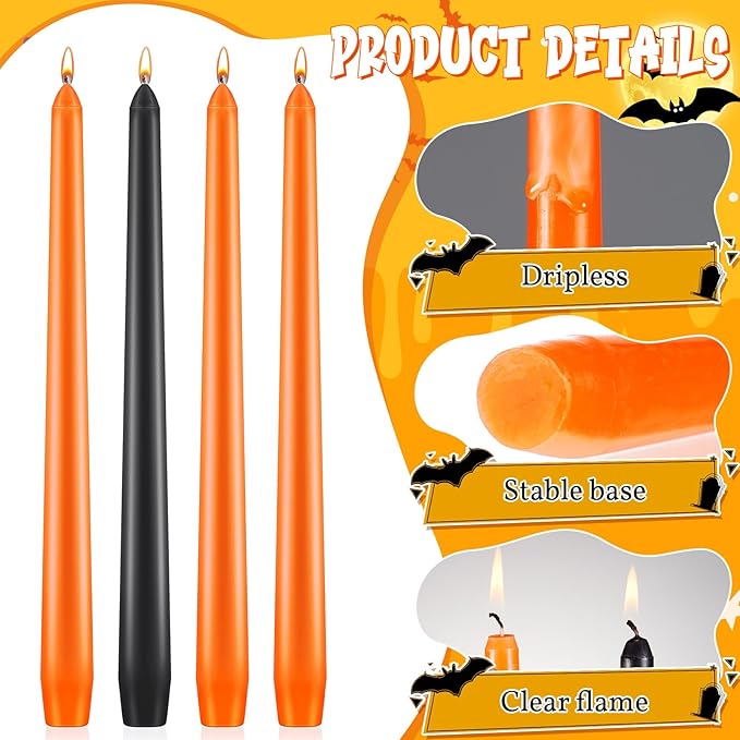 Patelai 20 Pcs Halloween Candles 10 Inch Unscented Dripless Christmas Advent Candle Set 20 Taper Candles Candlestick for Halloween Church Holiday Decoration Seasonal Party(Orange and Black)