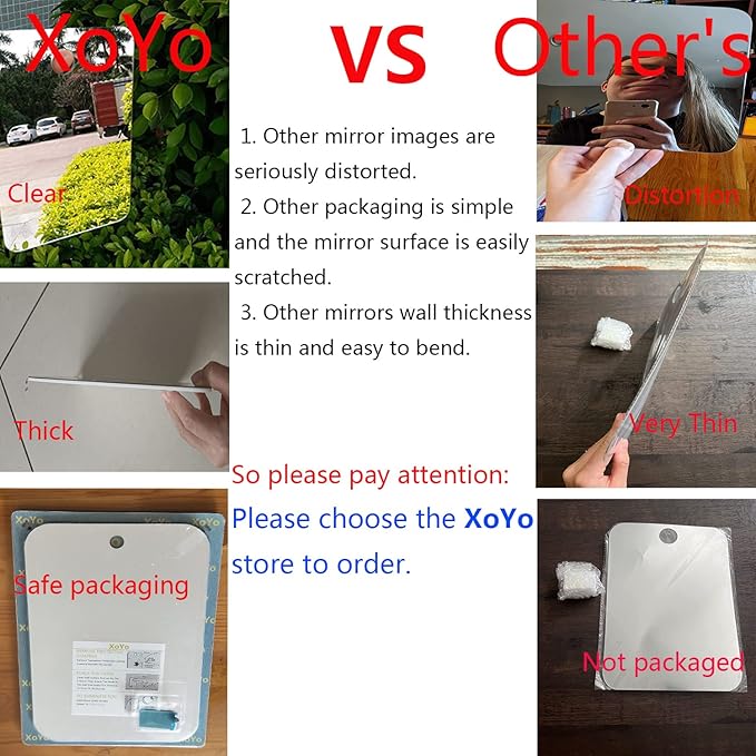 XoYo-Large Fogless Shower Mirror (11inX7.48in), Includes 1 Adhesive Hooks, Anit-Fog Shower Mirror, Shower Makeup Shave Mirror, Frameless Shower Mirror, Wall Hanging Mirror (Large, 1 Pack)