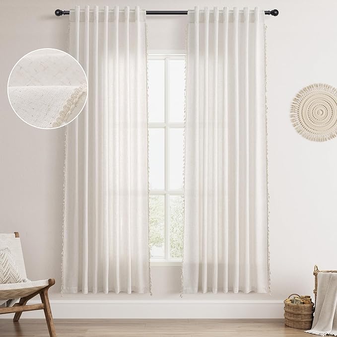 Beige Boho Linen Curtains 72 Inches Long 2 Panels Textured Farmhouse Semi Sheer Window Curtains Tassels Back Tab Neutral Light Filtering Chic Curtain Drapes for Living Room Bedroom 52x72