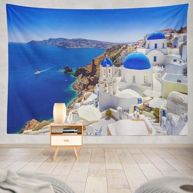 Santorini Tapestry,Wall Hanging Beautiful Town Landmark Nature Europe Wall Tapestry for Bedroom Living Room Tablecloth Dorm 80X60 Inches