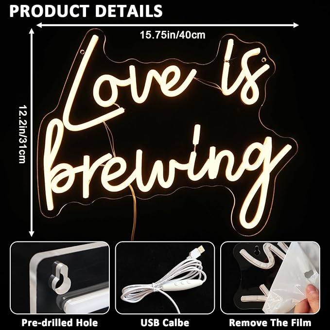 Love Is Brewing Neon Sign for Wall Decor, Warm White Led Signs for Bridal Shower, USB Dimmable Neon Lights for Bedroom Home Coffee Themed Bar Wedding Engagement Party Garland Decoration