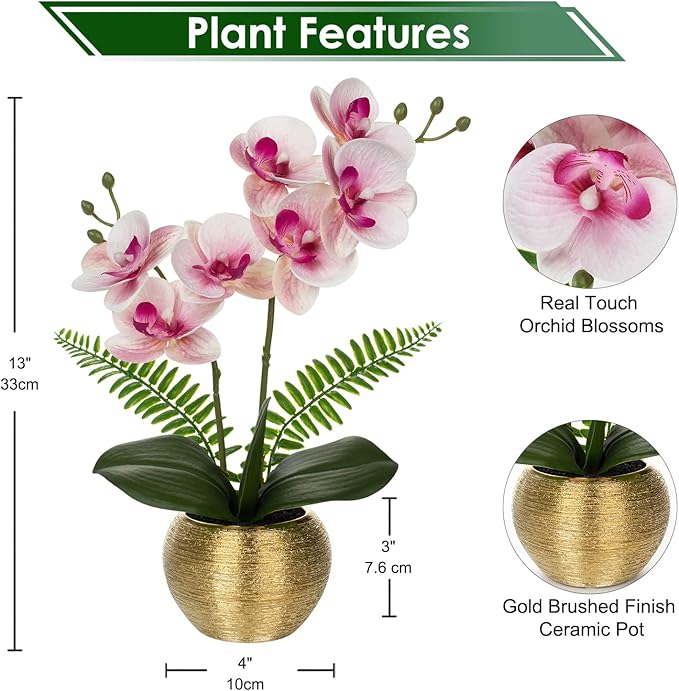 Briful Fake Orchid Fake Plant 13''Pink Orchids Artificial Flowers with Gold Ceramic Vase Faux Orchid for Home Office Gold Table Centerpiece Decor Indoor