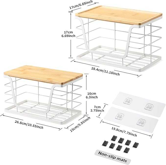2 Pack Extra Large Trash Bag Holder with Bamboo Top, Wall Mount Stainless Steel Organization and Storage for Kitchen Sink, White