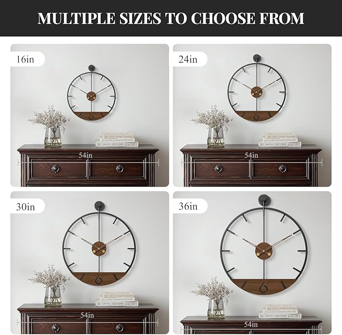 30 Inch Large Wall Clock for Living Room Decor, Walnut Wood Dial with Metal Frame, Silent Non Ticking Wall Clock Battery Operated for Kitchen, Office, or Bedroom