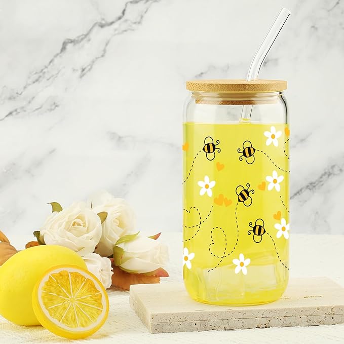 Gift For Girls, Her - Birthday Gifts for Women Friendship - Unique Gifts For Women, Friends, Bestie, Bff, Soul Sister, Work Bestie - Honey Bee Daisy 16 OZ Iced Glass Can Tumbler with Lid and Straw