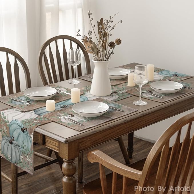 Artoid Mode Wood Pumpkins Eucalyptus Leaves Fall Placemats Set of 4, 12x18 Inch Autumn Thanksgiving Harvest Vintage Table Mat for Party Dining Decoration