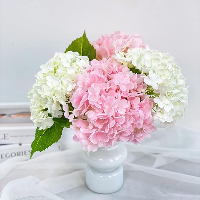 RUZUQE 4 Pcs Hydrangea Artificial Flower 2 White + 2 Pink 21'' Long Stem Lifelike Real Touch YalzoneMet Hydrangea Latex for Home Kitchen Decoration Bridal Bouquet Wedding Outdoor Decor