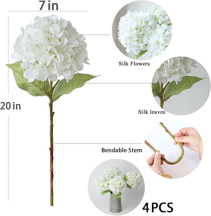 mizii 4Pcs White Artificial Hydrangea Flowers Large Fake Silk Hydrangea Flower with Leaves Stems Realistic Faux Hydrangeas Decorations for Wedding Table Centerpieces Vase Home Decor (White)