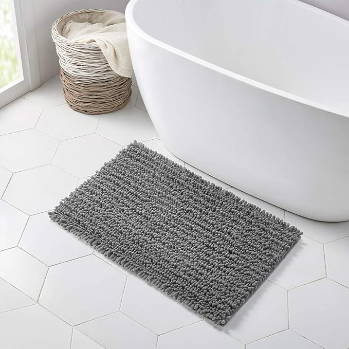 Walensee Bathroom Rug Non Slip Bath Mat (32x20 Inch Grey) Water Absorbent Super Soft Shaggy Chenille Machine Washable Dry Extra Thick Perfect Absorbant Best Large Plush Carpet for Shower Floor