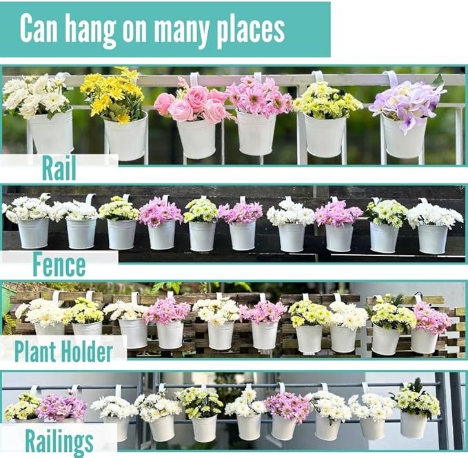LaLaGreen Hanging Planters - 10 Pack, 4 Inch Balcony Railing Hanging Herb Garden Wall White Metal Bucket Fence Planter for Outdoor Plants Flower Pot Deck Rail Porch Window Box Hooks Macetas Colgante
