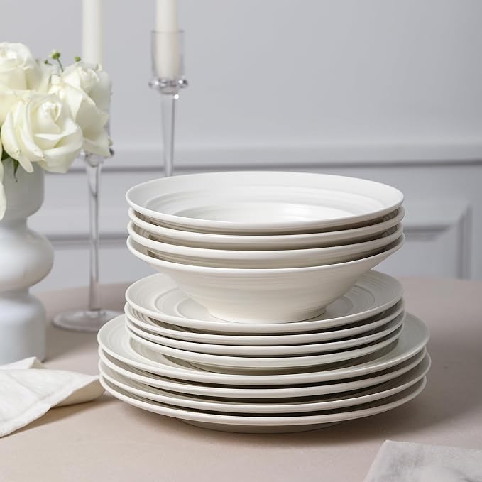 Earth & Clay Celeste 24-Piece Dinnerware, Stoneware, Plates and Bowls Set, Includes Dinner and Salad Plates, Cereal Bowls, Dishwasher and Microwave Safe, Dish Set for 8, Ivory White