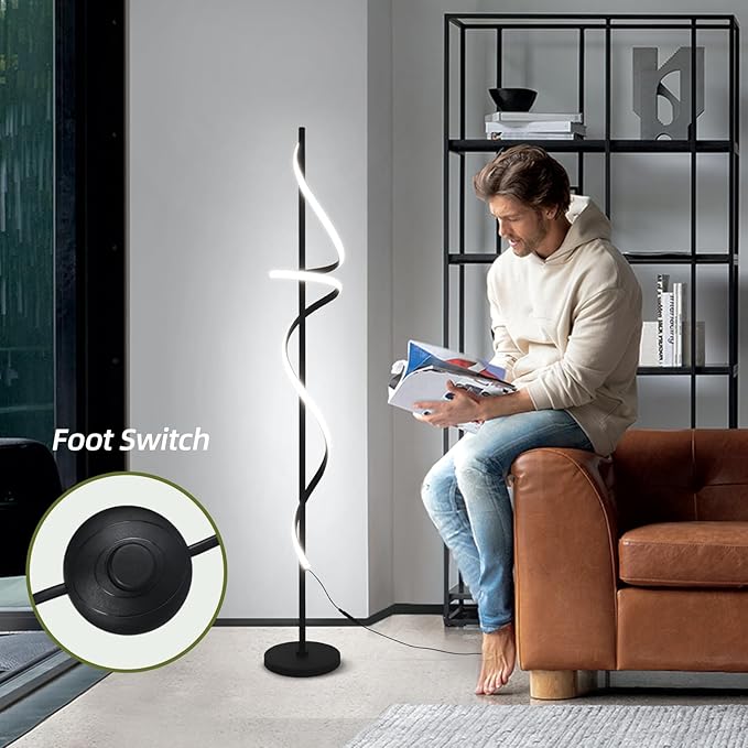 Modern Spiral Floor Lamp with Remote Control, 48W LED Floor Lamps for Living Room, 3 Colors Dimmable Tall Standing Lamp for Living Room, 60'' Modern Floor lamp for Bedroom Black