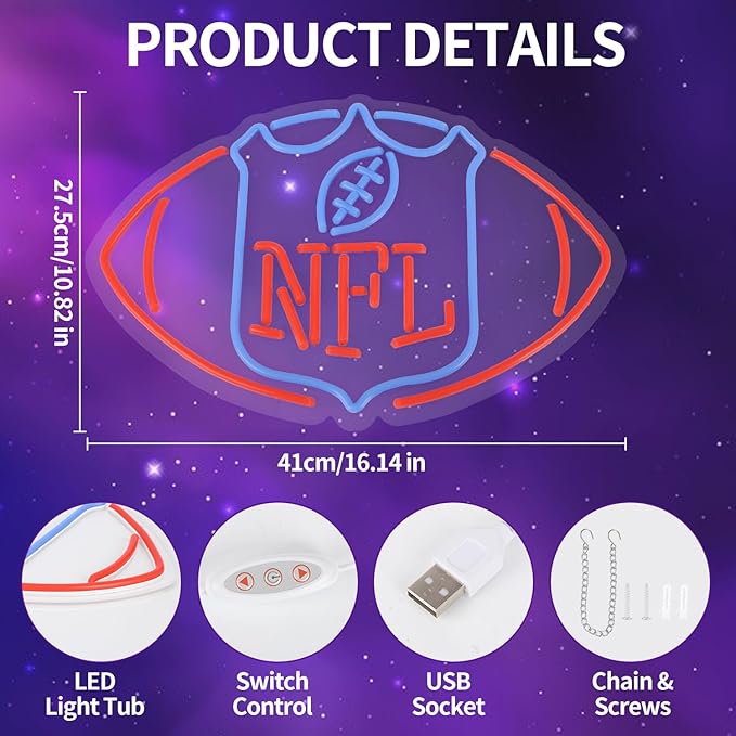 Football Neon Sign for Wall Decor,Football-Shaped Neon Light, Football Led Neon Light Birthday Gifts for Sports Fans Club Bedroom 5V USB Powered