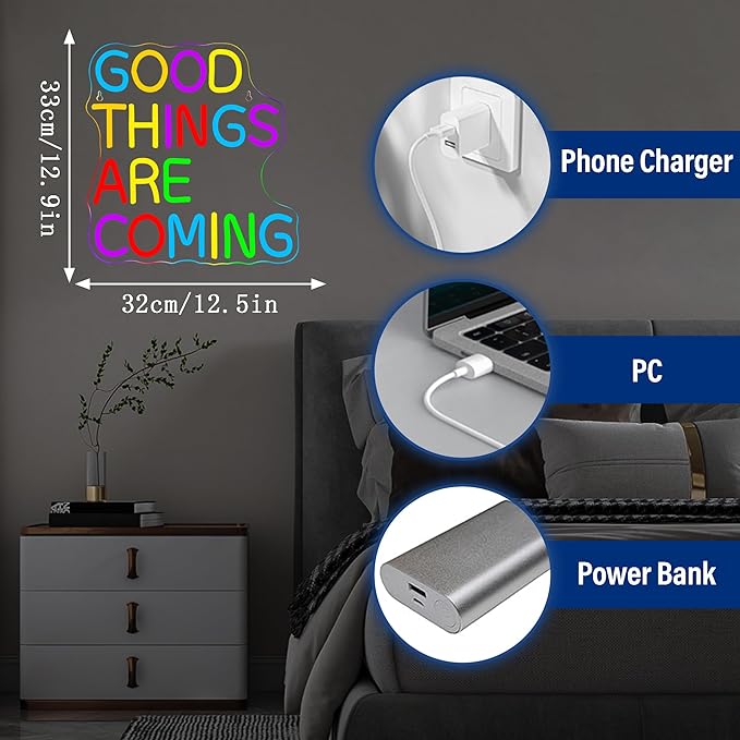 Good Things Are Coming Neon Signs for Wall Decor,Dimmable Positivity Inspirational Lucky Neon Sign, Positive Quote Decor, Mental Health LED Sign, Motivational Neon Light, Home Wall Sign(12.5 * 12.9in)