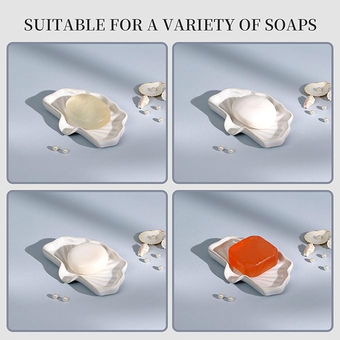 Soap Dish, Bar Soap Holder Self Draining Shell Shape Soap Dishes, White Ceramic Drain Soap Holder for Sink Bathroom Shower Kitchen, Easy to Clean Keeps Soap Dry, ANTIS'S HOME