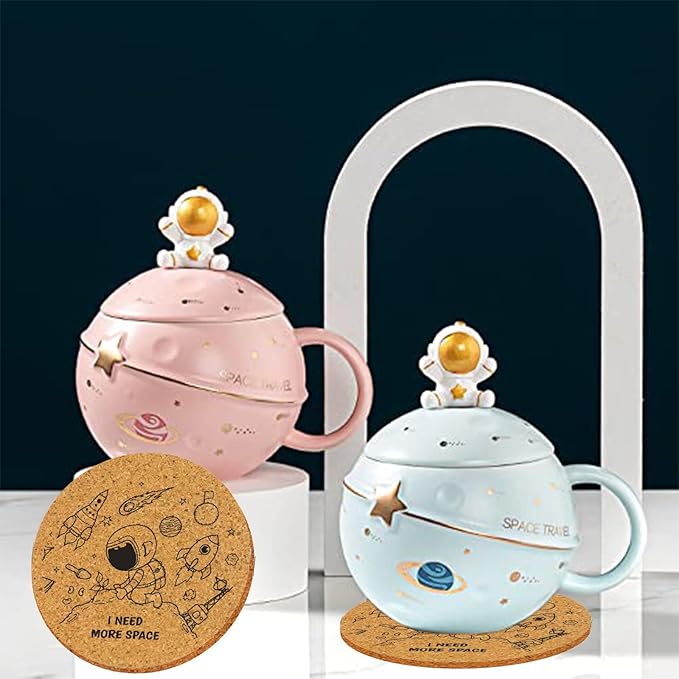 Kawaii Astronaut Cup Space Embossed Planet Mug, Cute Ceramic Coffee Mug, Novelty Mug with Lid and Spoon for Coffee, Tea, Milk, Aesthetic Room Decor Funny Gift for Girl Boy Women (Blue)