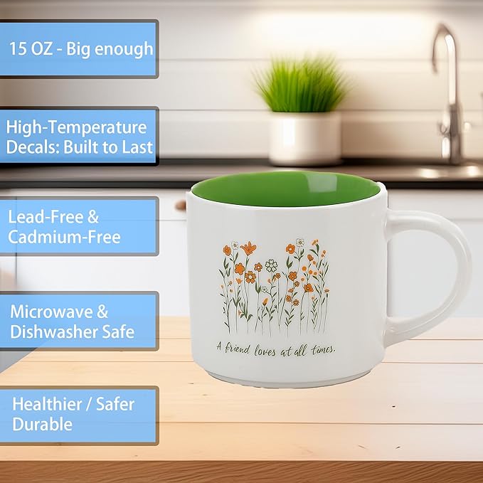 Floral Ceramic Mug 15 OZ (450ml) - Pro 17:17 "A Friend Loves at All Times - Elegant Flower Design - Friendship Gift Coffee Cup - Microwave & Dishwasher Safe - Great for Tea, Cocoa