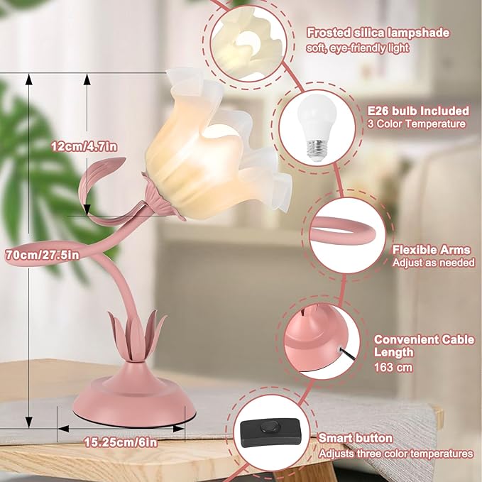 Flower Desk Lamp,LED Reading Light Bedside Vintage Flower Night Light,3 Colors Modes Cute Bedside Lamps Decor,Living Room Bedroom Room Kawaii Lighting Table Lamps Home Decoration (Pink)