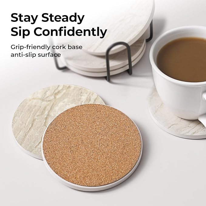 LIFVER Coasters Set of 6 Absorbent Drink Coasters with Holder, Marble Style Ceramic Thirstystone Coasters for Home Decor Coffee Table Protection, 4 Inches Suitable for Kinds of Cups Housewarming Gift
