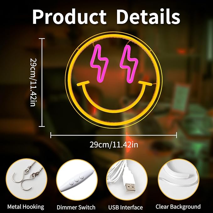 Smile Face Neon Sign Smile Neon Signs for Wall Decor Dimmable Neon Lights Smile Face Led Sign Happy Face Neon Sign for Girls Bedroom Birthday Party Decor