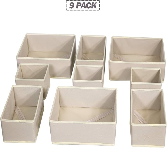DIOMMELL 9 Pack Foldable Cloth Storage Box Closet Dresser Drawer Organizer Fabric Baskets Bins Containers Divider for Baby Clothes Underwear Bras Socks Lingerie Clothing,Beige 333