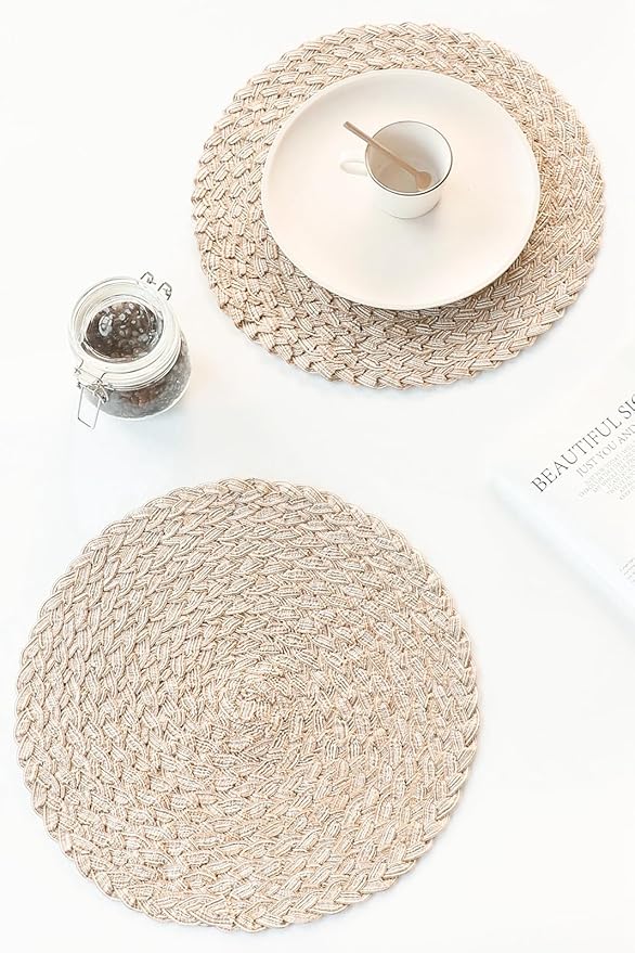 Floroom 15 Inch Round Braided Placemats Set of 4, Washable Heat Resistant Cotton Polyester Circle Boho Place Mats for Kitchen Dining Table - Canvas Beige