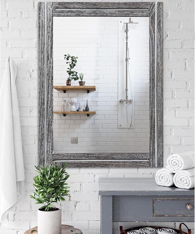AAZZKANG Rustic Mirror Large Wood Framed Wall Mirrors 28"x20" Rectangle for Bedroom Bathroom Farmhouse Living Room Home Entryway Hanging