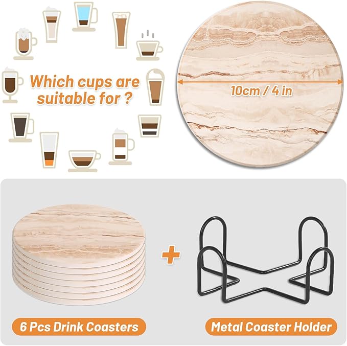Acejoz Drink Coasters Sets of 6, Absorbent Coaster for Coffee Table Decor, Marble Style Ceramic Coaster for Home Decor, 4 Inches