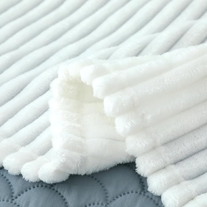 Vessia Flannel Fleece White Throw Blanket(50x71 Inch) for Couch with Pillow Cover(18 * 18 Inch), Warm Cozy Soft Striped Bed Blanket, Microfiber Ribbed Sofa Throw for All Season
