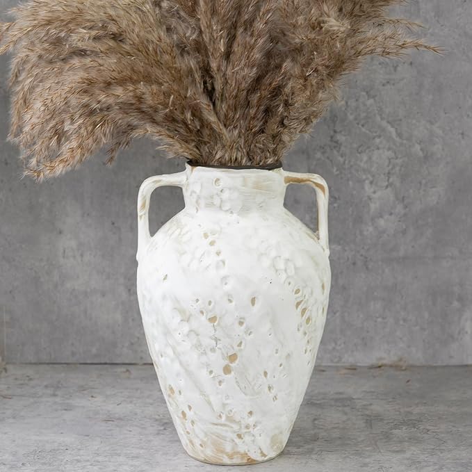 White Ceramic Rustic Vase with 2 Handles,10'' Vintage Farmhouse Stoneware Clay Flower Vase, Boho Pottery Terracotta Handmade Decorative for Home Living Room Kitchen