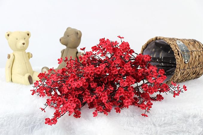 JAKY-Global 9pcs Babys Breath Artificial Flowers Gypsophila Bouquet Bulk Fake Spring Silk Small Flowers Real Touch Faux Floral for Home Bedroom Kitchen Garden Wedding Christmas Party DIY Decor (Red)