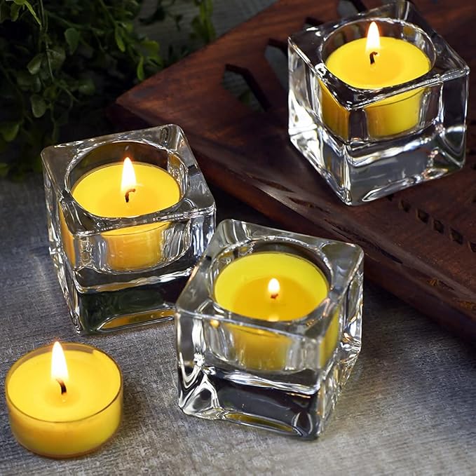 DEYBBY Aromatherapy Soy Wax Tea Candle, Lemon Scented Clear Cup Summer Candles Gift for Home|4 Hour Burn Time|Smokeless& Long Lasting|Great for Bar, Dinner (Pack of 12)