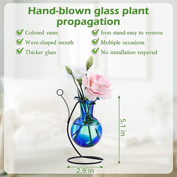 Hand Blown Glass Plant Propagation Station with Metal Stand and Photo Holder,Tabletop Plant Terrarium for Propagating Hydroponic Office Garden Home Decor, Gifts for Women Plant Lover