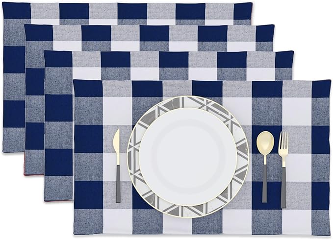 Navy & White 2 Side Cotton Buffalo Check Farmhouse Placemats Set of 4 Heat Resistant Dining Table Place Mats for Kitchen Table, 12 x 18 inches