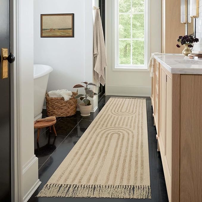 LEEVAN Washable Hallway Runner Rug 2.6'x8', Boho Rainbow Rug Runner, Hand-Woven Entryway Rug with Tassels, Farmhouse Bathroom Rug, Cotton Tufted Rugs for Bedroom, Long Carpet Sink Foyer(Tan)