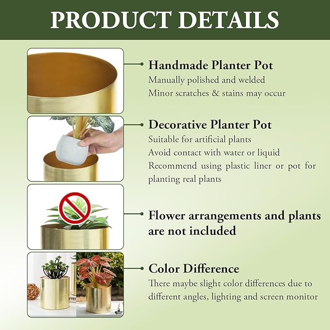 MyGift Modern Brushed Brass Plated Indoor Plant Pot, Cylindrical Metal Vase, 5 and 6 Inch, Set of 2 - Handcrafted in India